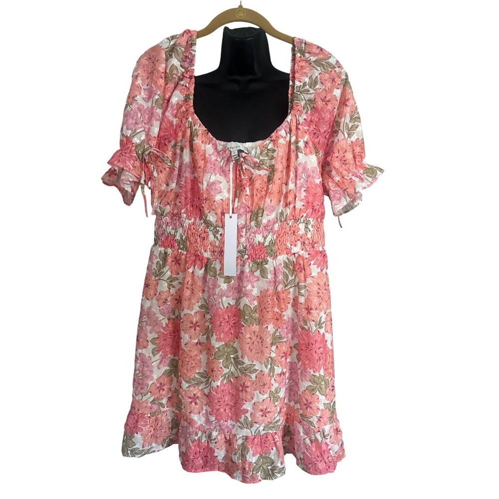 Adelyn Rae Womens Dress Large Floral Print Mini Short Sleeve Smocked Waist NWT